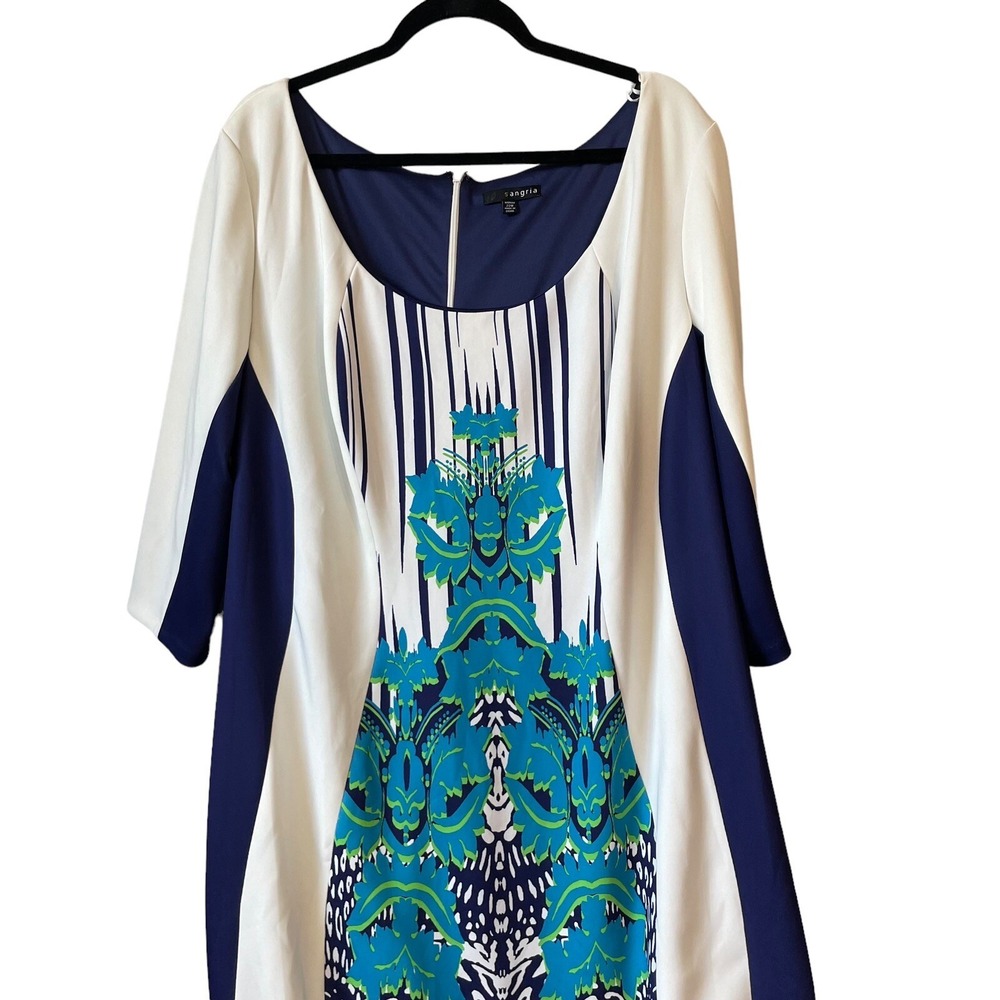 Sangria Women 22W Blue Abstract Print Sheath Dress 3/4 Sleeve Stretch Plus - Picture 3 of 11